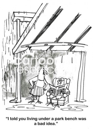 BW cartoon of a bird couple who live under a park bench - a bad idea when it rains.