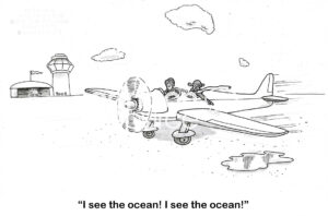 BW cartoon of a small airplane about to take off. The passenger does not realize they are still on the ground.