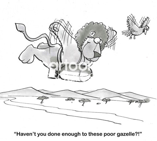 BW cartoon of a flying lion about to bomb a 'poor gazelle'.