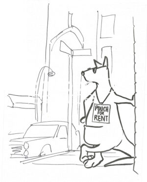 BW cartoon of a kangaroo advertising her surrogate services.