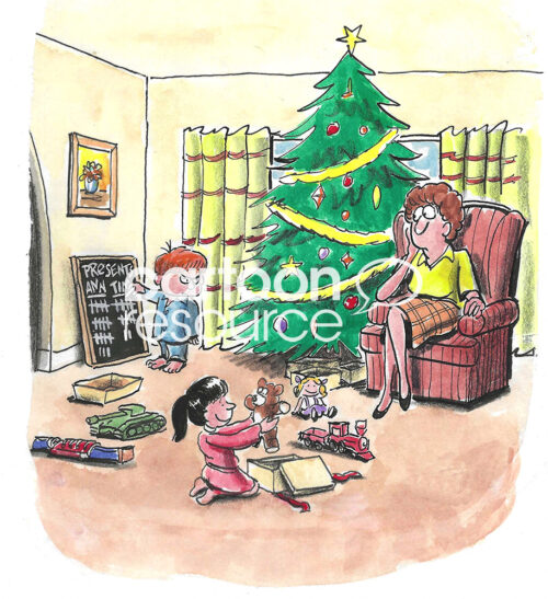 Color cartoon showing a concerned Mom on Christmas morning. The son is keeping track of the number of presents he receives versus his sister.