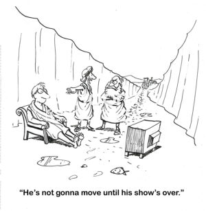 BW cartoon of a man watching television while Moses parts the Red Sea. The tv watcher is continuing to watch tv even though he needs to move quickly
