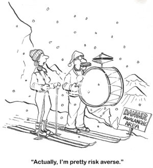 BW cartoon of two people skiing - both are in an avalanche area. One is risk averse, the other is a loud, one-man band.