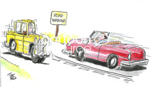 Color cartoon of a a car coming from a 'road narrows' section - his car has been squeezed considerably.