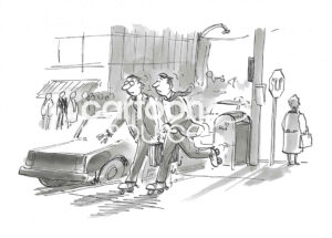BW cartoon illustration of two male professionals in the city and rollerblading to a meeting.