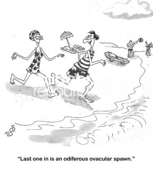BW cartoon of a couple running to the ocean and having fun wordplay.
