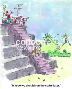 Color cartoon of two people exercising on the Aztec stairs who are accidentally running into a human sacrifice service.