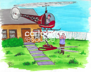 Color cartoon of a man trying a new lawn mowing invention to cut his yard's grass.