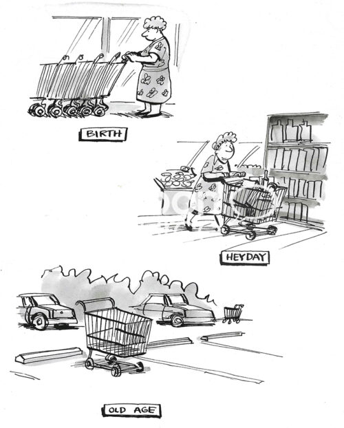 BW cartoon depicting the three lifestages of a shopping cart.