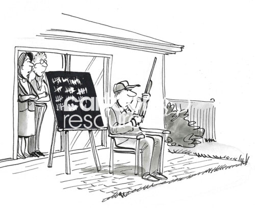 BW cartoon of a wife and friend looking at her husband sitting outside in a chair with his rifle and a board to keep score. He is shooting his rifle a lot.