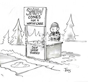 BW cartoon of a boy with a snowcone station. The $0.50 serve yourself cones are not selling well.