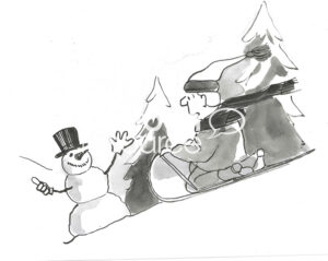 BW cartoon of a boy sledding in the mountains and a snowman hitchhiking and wanting a ride.