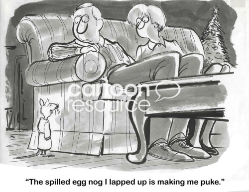 BW cartoon of a baby boomer couple looking at a mouse during Christmas season. The mouse is saying the egg nog it lapped up is making it feel ill.