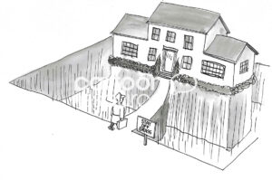 BW cartoon illustration of a house with a moat around it with very long grass growing in the moat. There is a sign 'Stay Off Grass'.