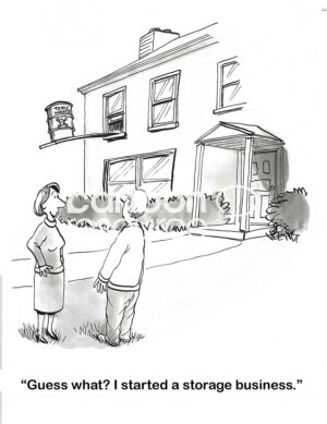 BW cartoon of a woman telling her male neighbor she started a storage business. She is storing toxic chemicals outside her home