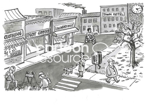 BW cartoon illustration of the happenings in a small town square one afternoon.