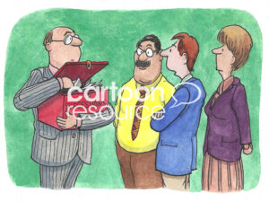 Color cartoon of a boss and his three employees. He is opening their suggestion box, they are nervous.