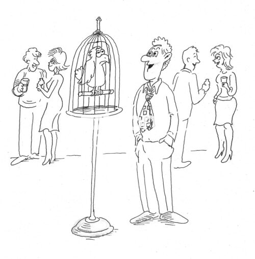 BW cartoon illustration showing an introverted man talking with a parrot at the cocktail party.