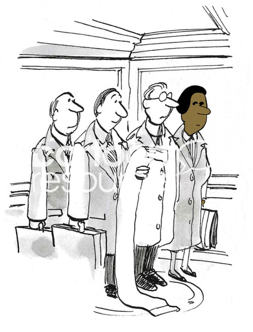 BW cartoon of managers on an elevator. One male manager holds a very, very long list of Employee Demands. An African American woman looks on with a grimace.