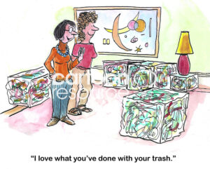 Color cartoon showing a woman show has converted her trash into furniture.