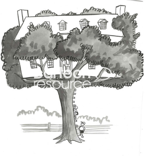 BW cartoon illustration showing a large house that has been built in a tree.