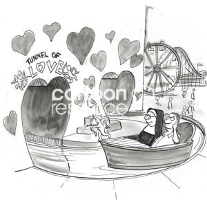 BW cartoon of a disgruntled man about to go through the tunnel of love, but with a nun.