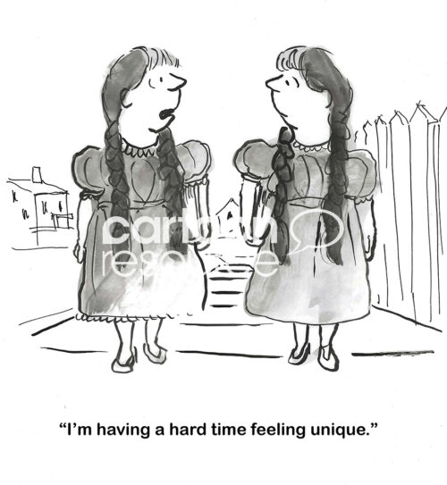 BW cartoon of two identical twin girls. One states she does not feel unique.