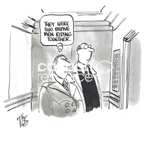 BW cartoon of two professional men bravely riding in a high-rise elevator.