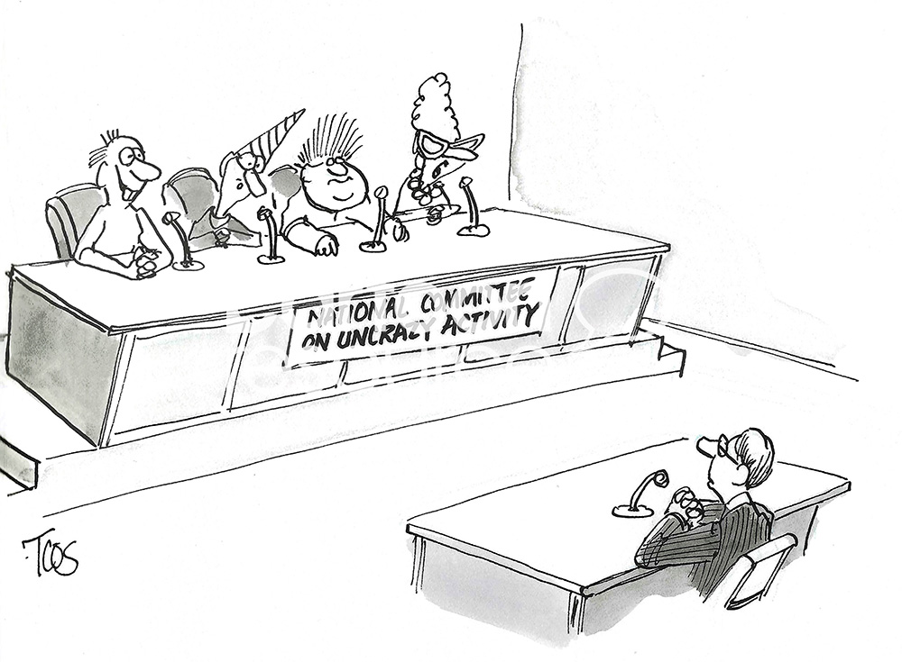 BW cartoon of the 'Uncrazy Committee' hearing the input from a 'normal' person.