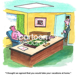 Color cartoon of a man sunbathing at work as his boss is dismayed.