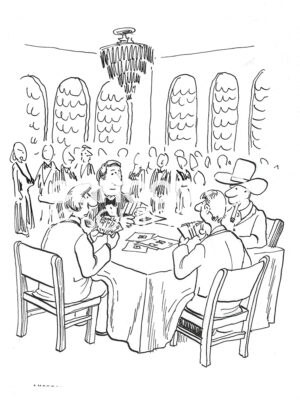 BW cartoon showing a ballroom in Las Vegas where four men have set up a table and are playing poker.