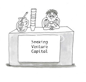 BW cartoon of a boy and his lemonade stand, he is seeking venture capital