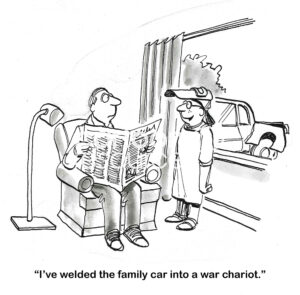 BW cartoon of a boy, wearing welder's uniform, tells father he has welded the family car into a war chariot.