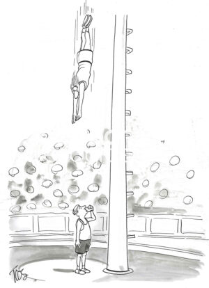 BW cartoon of a man making a high dive into a water cup, but a stranger does not realize and is drinking from the water cup.