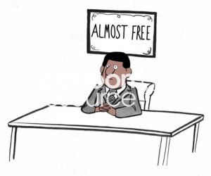Color cartoon illustration of an African American worker who has 'Almost Free' sign on wall behind his desk