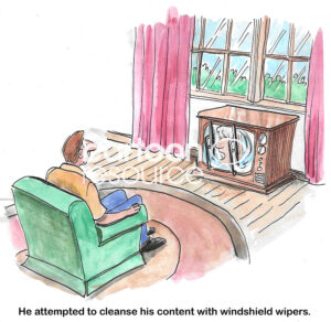 Color cartoon of a man cleansing the tv content with windshield wipers.