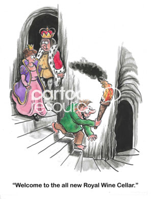 Color cartoon of the king and queen following Eygore down to the new royal wine cellar.