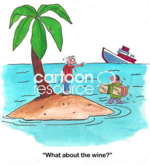 Color cartoon of two stranded boaters. They have food and water, but no wine.