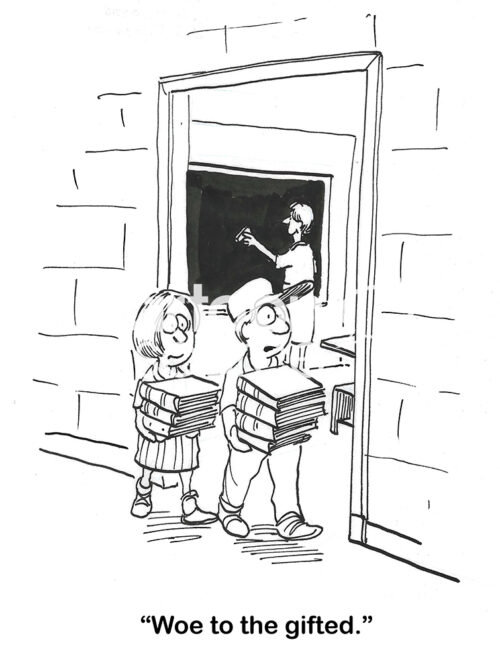 BW cartoon of two gifted school students walking in a school hallway and carrying many textbooks.