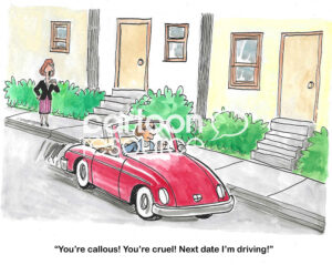 Color cartoon of a man in a sports car with a woman yelling at him. She is not happy with him and insists on driving on their next date.