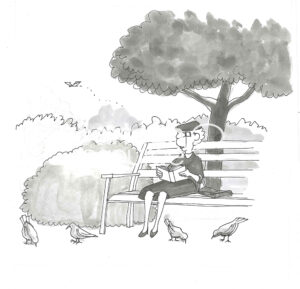 BW cartoon illustration of an older woman, sitting on a park bench, and reading as well as watching all the birds nearby.