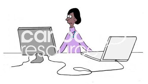 Color cartoon of a black Woman who works frantically at two laptops
