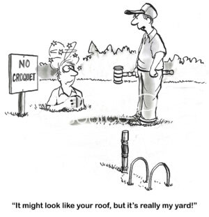 BW cartoon of a man who likes to live underground. He is under a yard where the homeowner likes to play croquet.