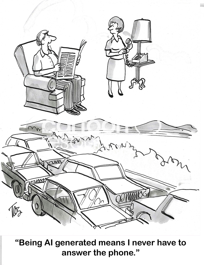 BW cartoon about a husband and wife who do not answer the phone. The husband is AI generated.