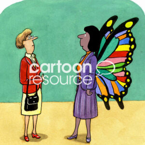 Color cartoon of an African American woman who has transformed into a butterfly.