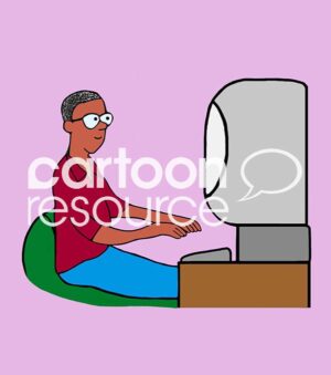 Color cartoon illustration of a younger African American professional man working at his desktop computer.