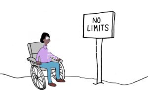 Color cartoon illustration showing an African American woman in a wheelchair. She smiles at the "no limits" sign.