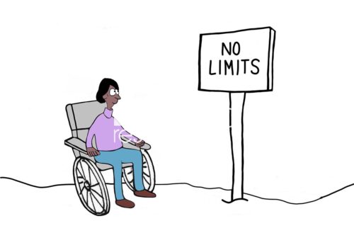 Color cartoon illustration showing an African American woman in a wheelchair. She smiles at the "no limits" sign.