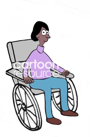 Color cartoon illustration showing a handicapped African American woman in a wheelchair.