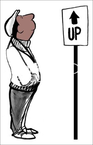 Color cartoon illustration showing an African American man looking up. He appreciates the progress made to date and hopes for more to come.